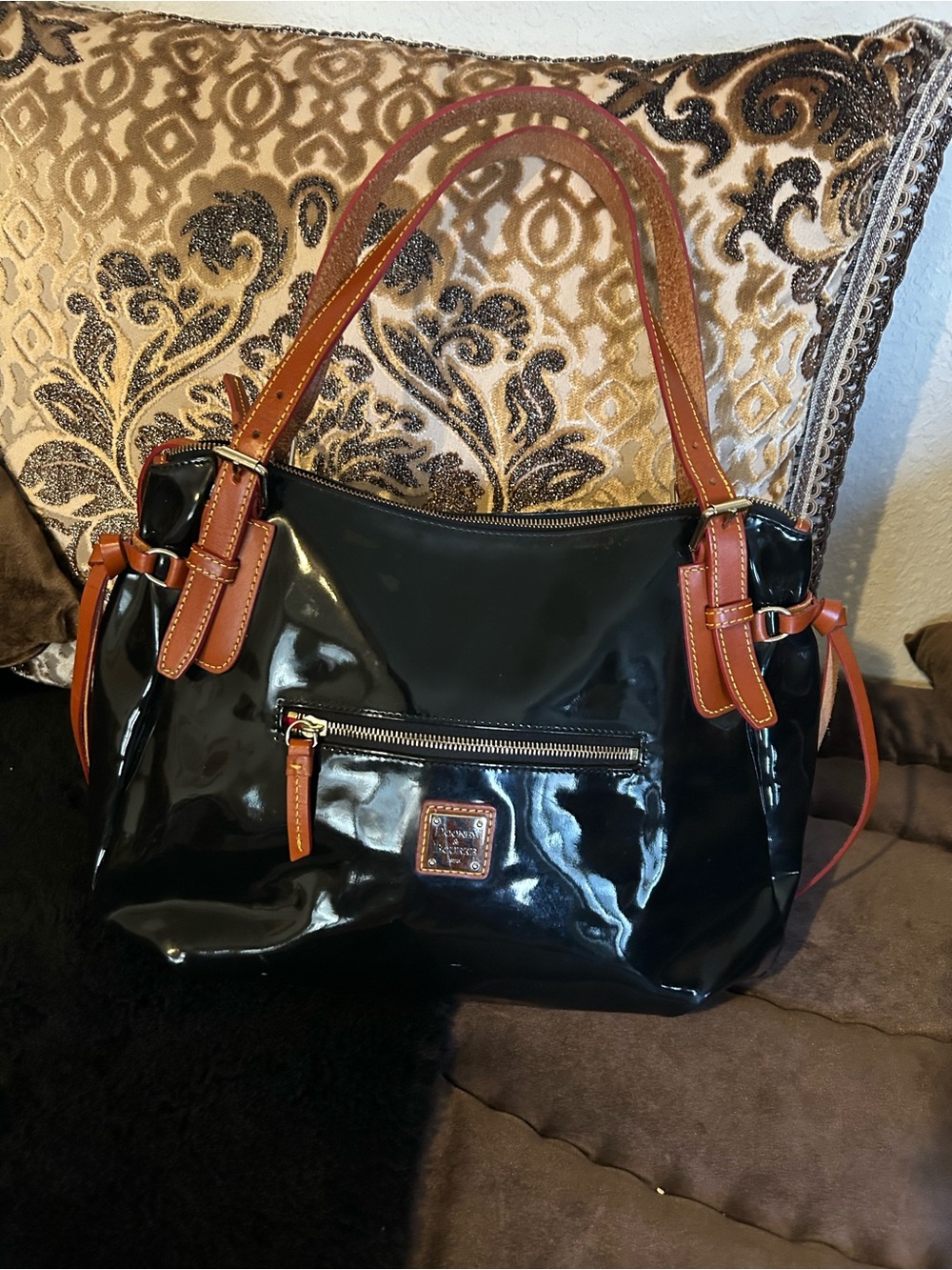 Dooney & Bourke Black Patent Leather Shoulder Bag with Brown Trim